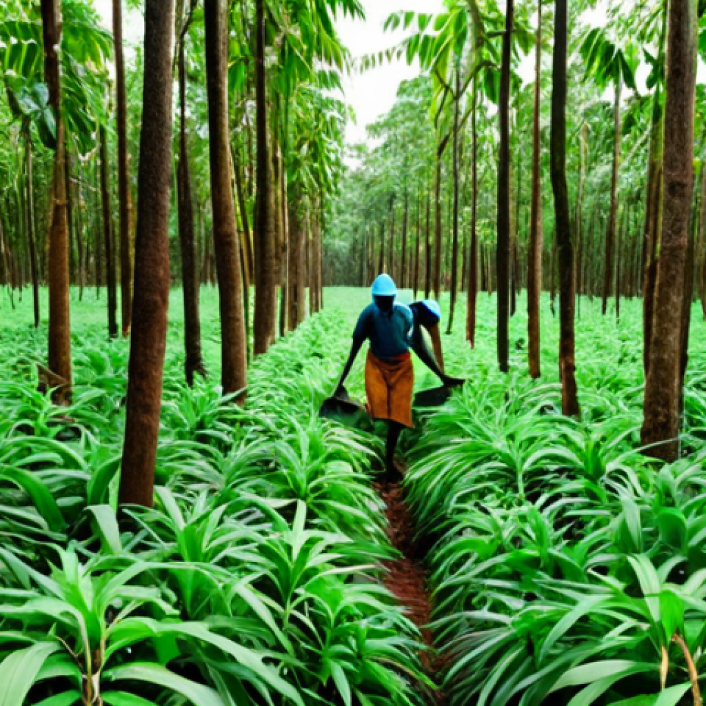 **Prompt:** Lush green rubber plantation in Liberia, featuring workers harvesting latex. Focus on the vibrant colors and the economic importance of the rubber industry for local communities.