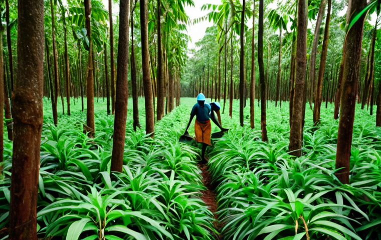 **Prompt:** Lush green rubber plantation in Liberia, featuring workers harvesting latex. Focus on the vibrant colors and the economic importance of the rubber industry for local communities.