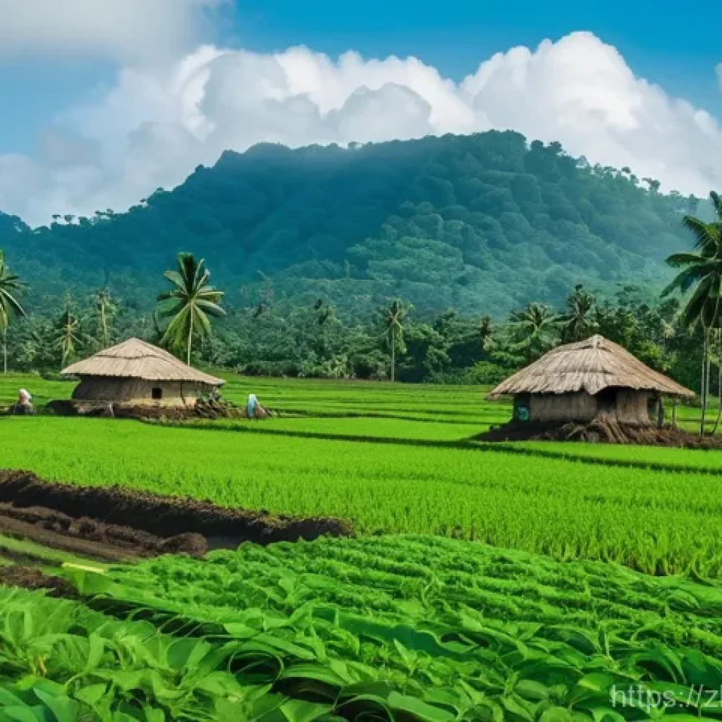 라이베리아의 농업과 주요 재배 작물 - **A Vibrant Liberian Harvest Scene:** A wide-angle shot of a bustling Liberian agricultural landscap...