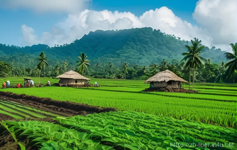 라이베리아의 농업과 주요 재배 작물 - **A Vibrant Liberian Harvest Scene:** A wide-angle shot of a bustling Liberian agricultural landscap...