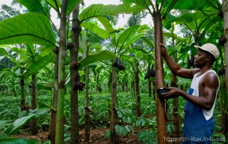 라이베리아의 농업과 주요 재배 작물 - **A Vibrant Liberian Harvest Scene:** A wide-angle shot of a bustling Liberian agricultural landscap...