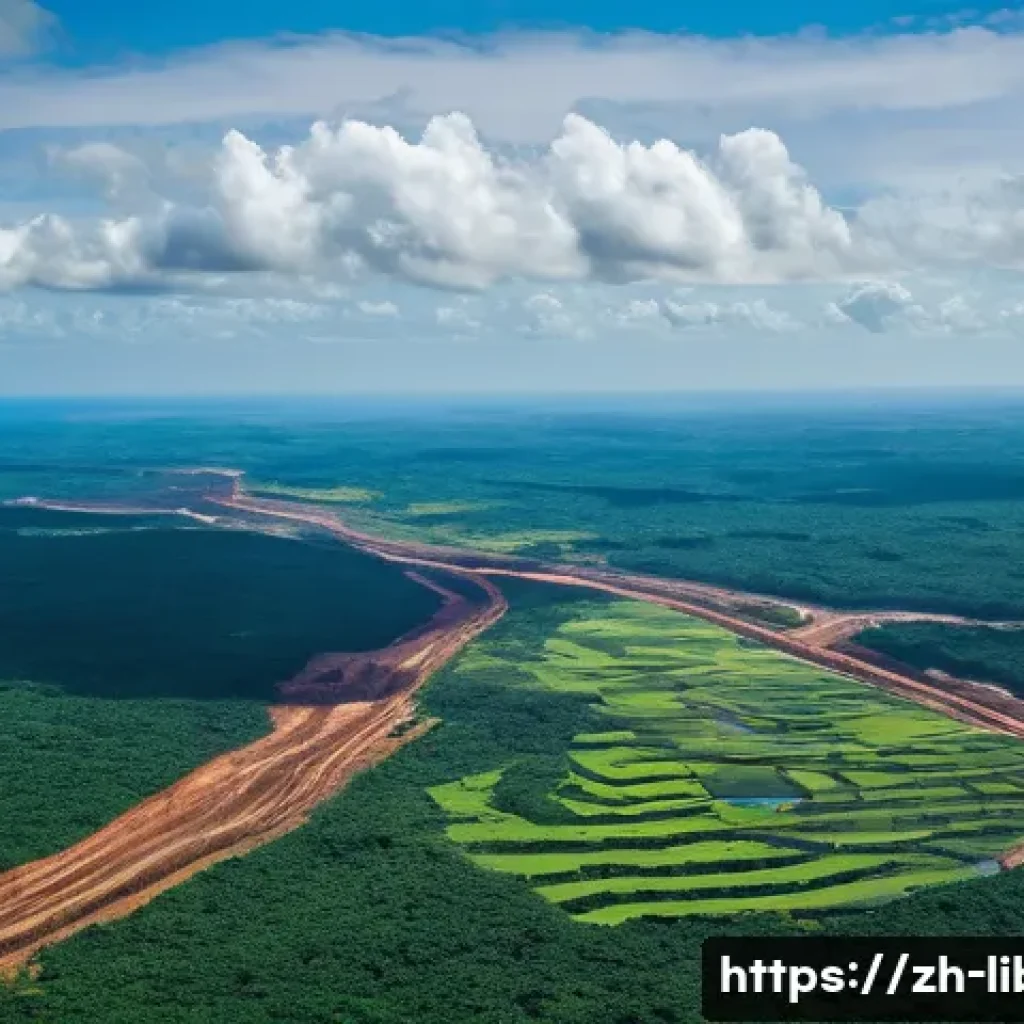 라이베리아 수출 품목 철광석 고무 목재 - **A vast, modern open-pit iron ore mine in Liberia.** The scene is captured from a high aerial persp...