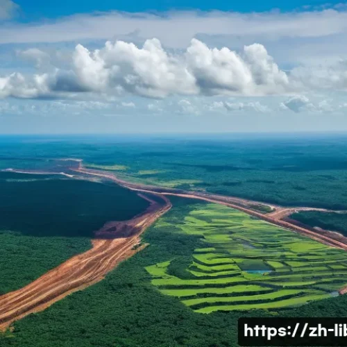 Home 23 라이베리아 수출 품목 철광석 고무 목재 - **A vast, modern open-pit iron ore mine in Liberia.** The scene is captured from a high aerial persp...